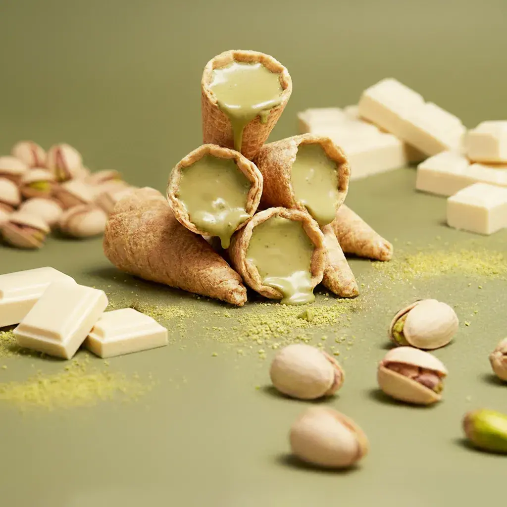 Mini cornete fistic și ciocolată albă