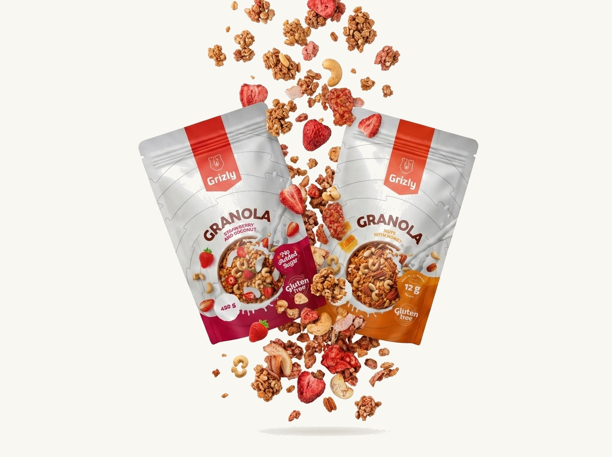 granola și căpșuni în cădere