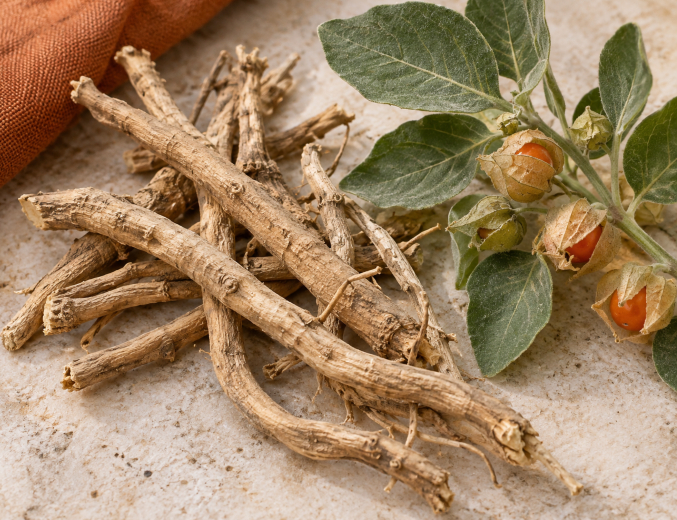 Rădăcină de ashwagandha și o crenguță cu fructe roșu-portocalii.