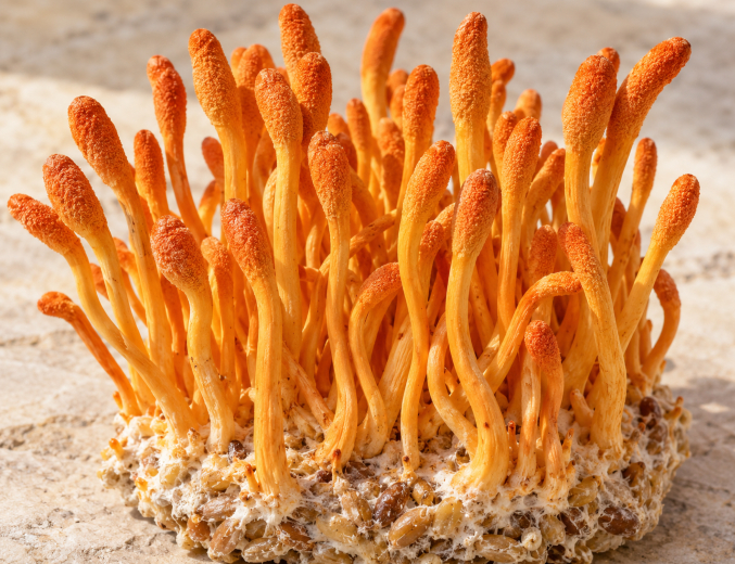 Corpurile fructifere portocalii de cordyceps care cresc din substrat de cereale.