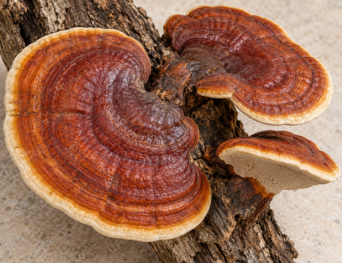 Corpurile de fructificare reishi de culoare roșu-brun care cresc pe o bucată de lemn.