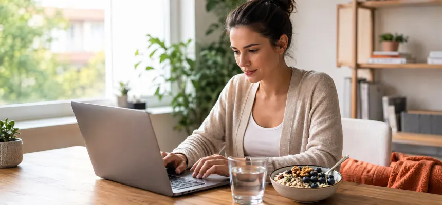 O femeie lucrează la laptop, lângă care are un terci de ovăz cu fructe și nuci și un pahar cu apă.