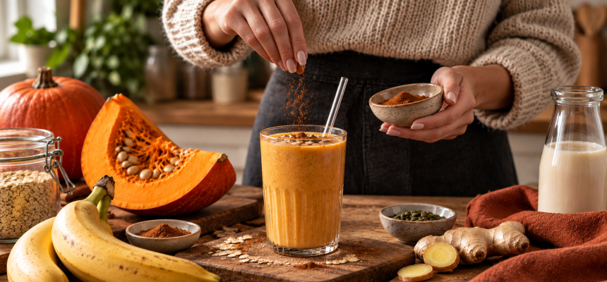 Pregătirea unui smoothie de dovleac în bucătărie