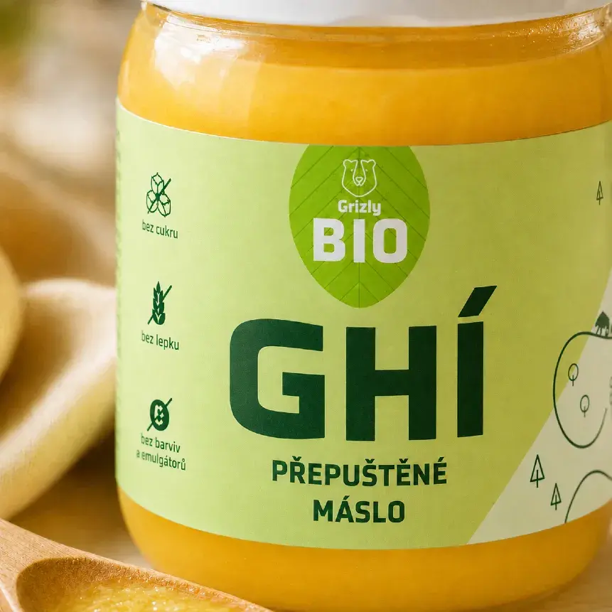 Detaliul ambalajului untului clarificat GRIZLY Ghí cu certificare BIO