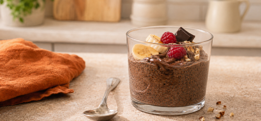 Puding de chia cu ciocolată, banană, zmeură, nuci și ciocolată.