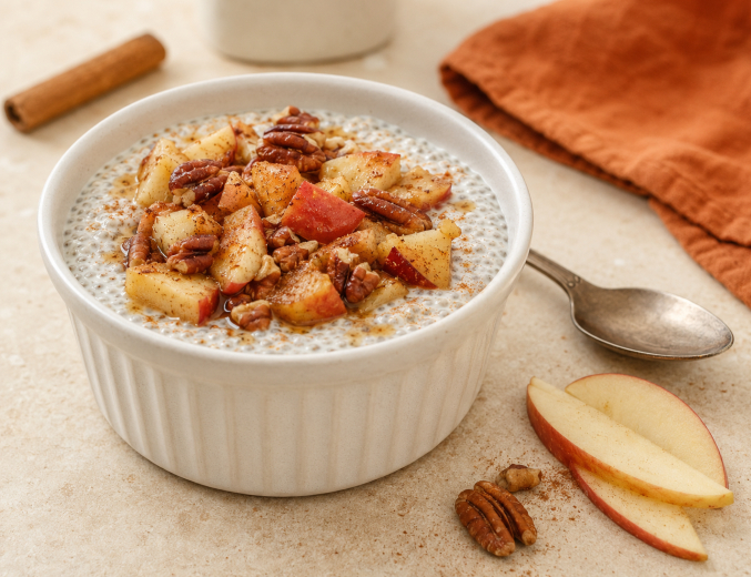 Budincă de chia cu măr înăbușit, nuci pecan și scorțișoară.