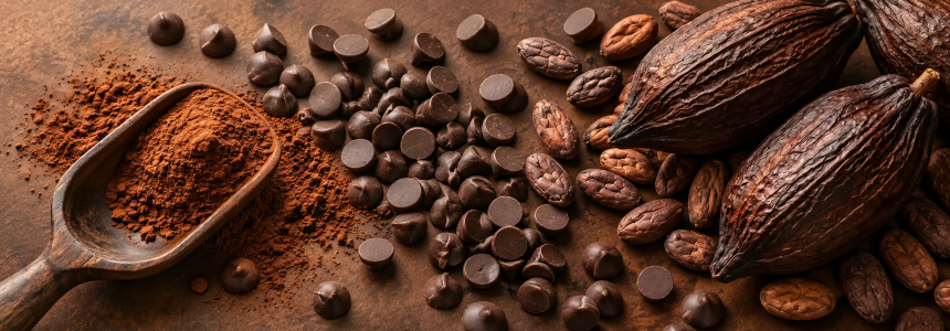 Pudră de cacao într-o lingură de lemn, bănuți de ciocolată, boabe de cacao și păstăi pe un fundal maro.