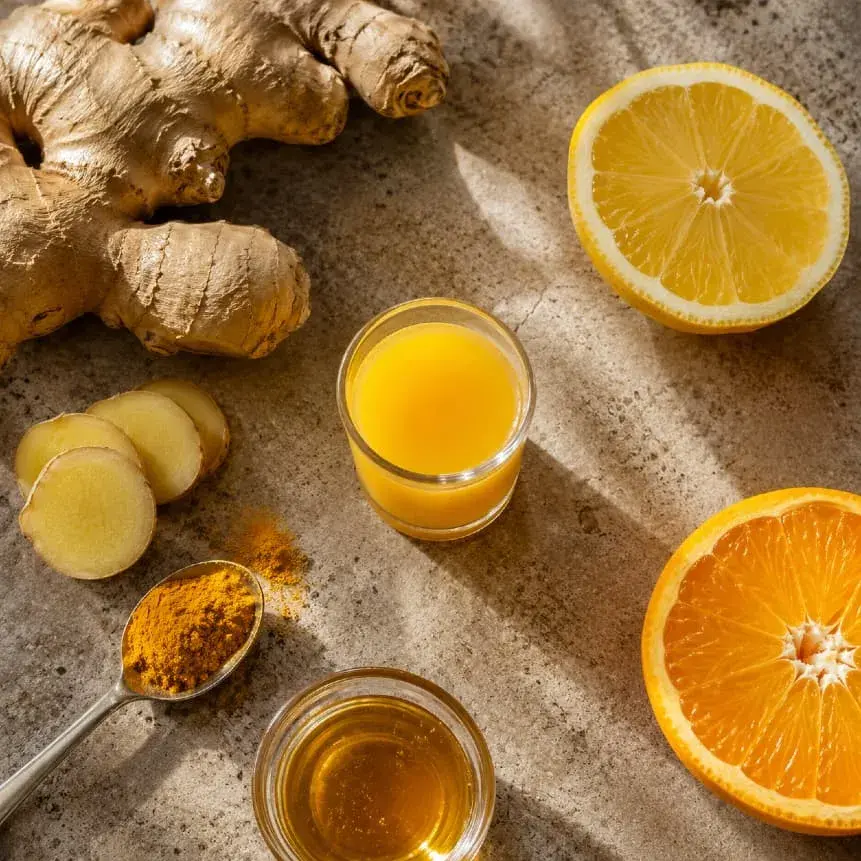 Ginger shot cu ghimbir, citrice, curcuma și miere
