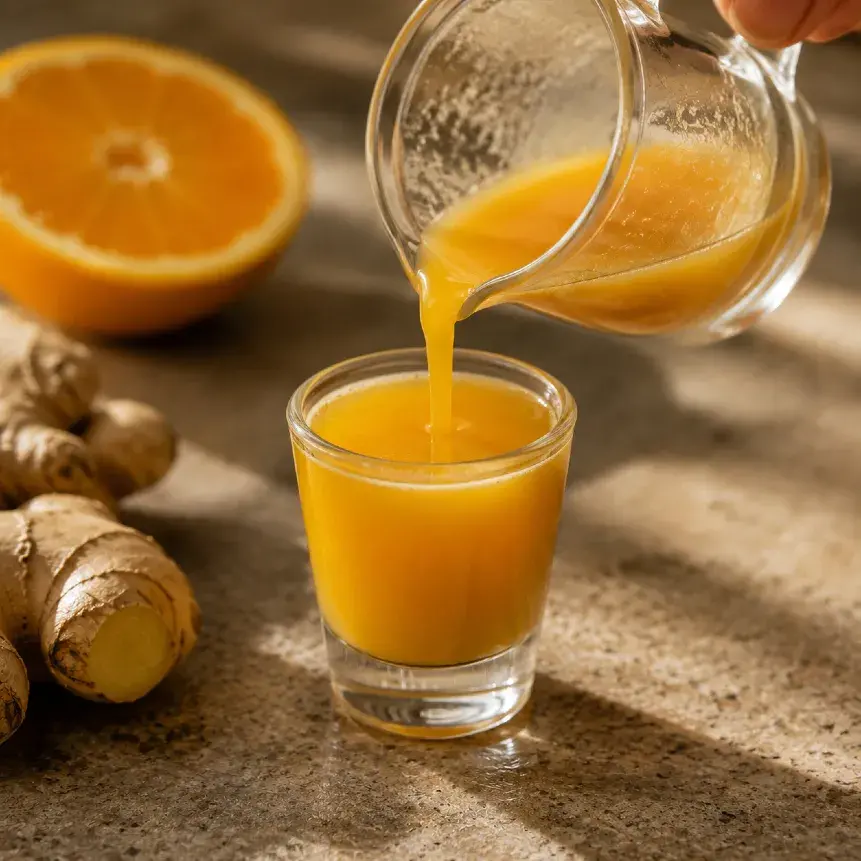 Turnarea ginger shot-ului gata preparat într-un pahar mic