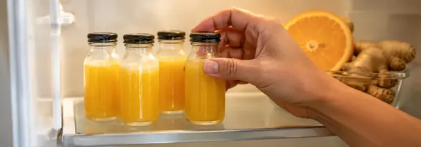 Ginger shot-uri de casă preparate în sticluțe mici în frigider