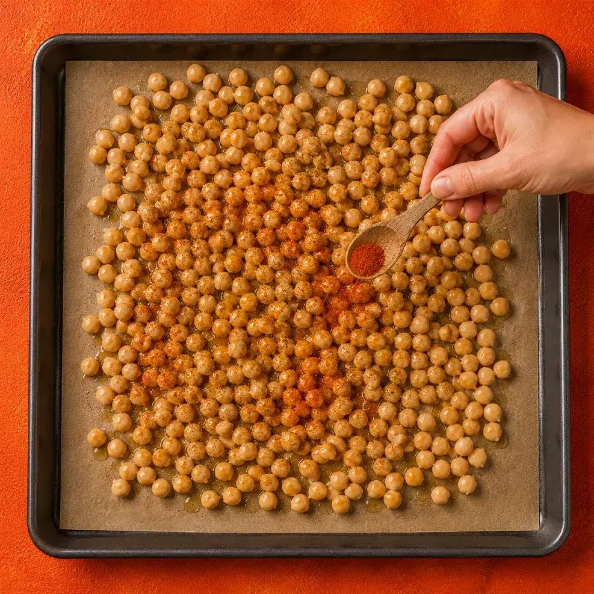 Năut copt pe tavă în timpul preparării unei rețete plant-based