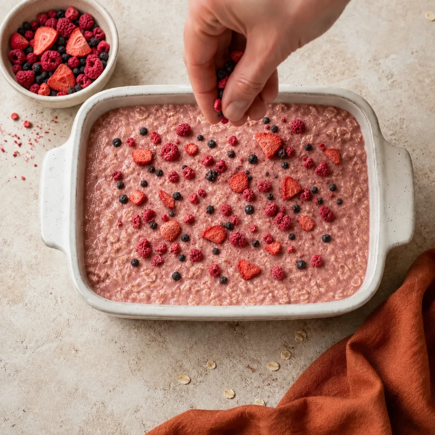 Prepararea baked oats cu fructe cu căpșuni, zmeură și afine liofilizate
