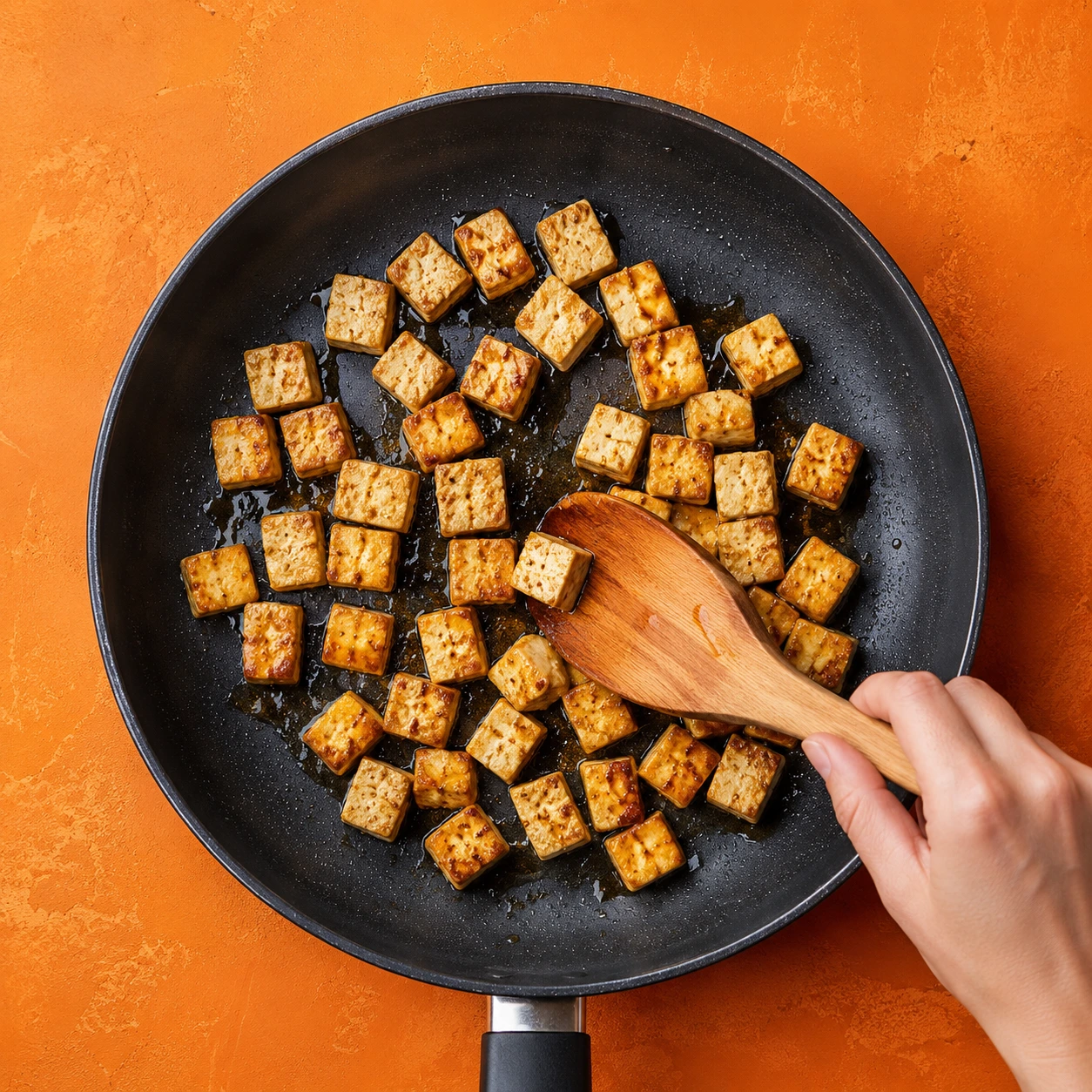 Prăjirea tofu în tigaie în timpul preparării unei rețete plant-based