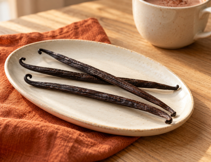 Păstăi de vanilie pe o farfurie ceramică deschisă la culoare, lângă o cană de cacao