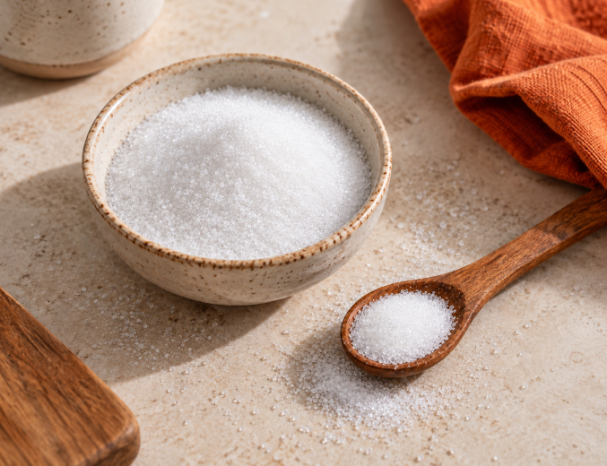 Erythritol în bol de ceramică și pe linguriță de lemn