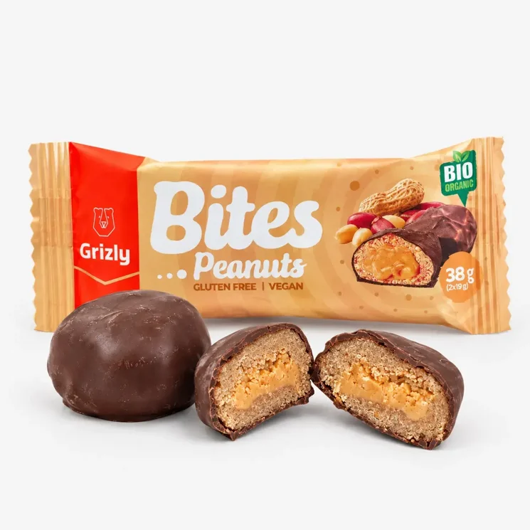 BITES Mini batoane umplute cu arahide în ciocolată neagră BIO (2x19 g)