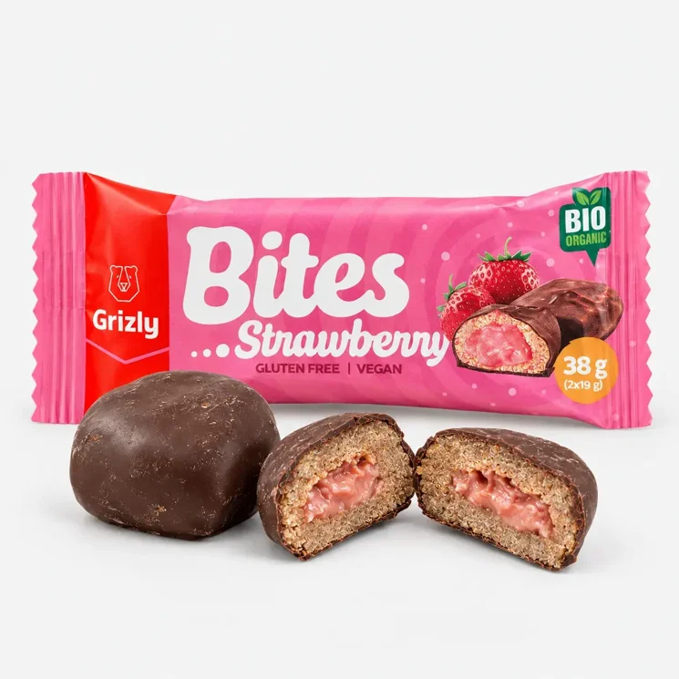 BITES Mini batoane umplute cu căpșuni în ciocolată amăruie BIO (2x19 g)