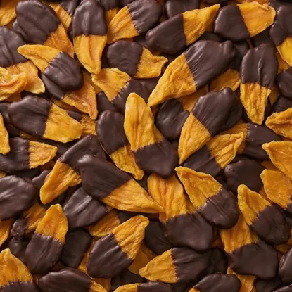 Felii de mango glazurate pe jumătate în ciocolată neagră