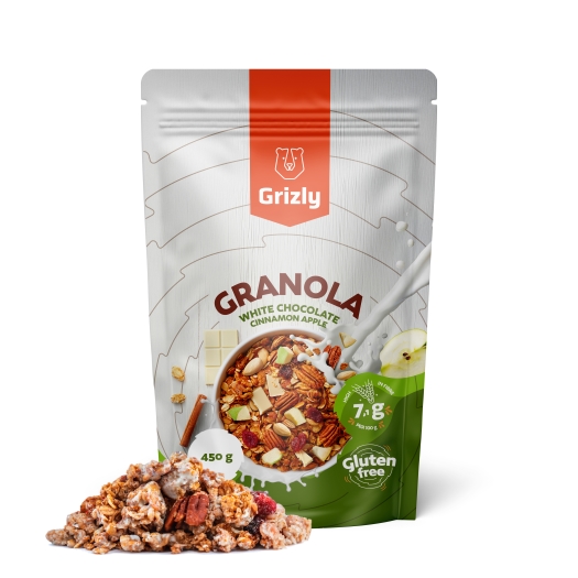 Granola cu ciocolată albă, scorțișoară și măr.