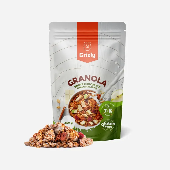 Granola cu ciocolată albă, scorțișoară și măr.