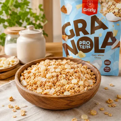 Granola cu proteine ciocolată albă și cocos