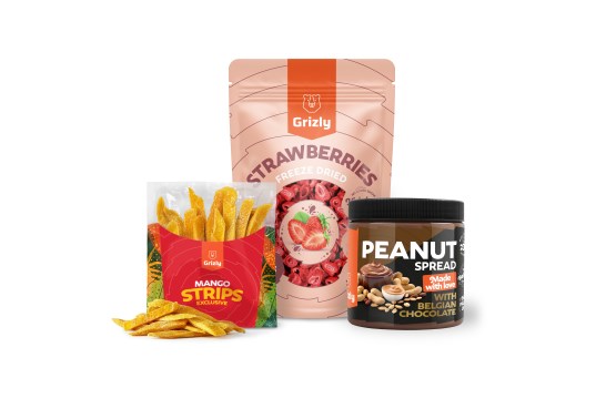 Mango strips + 	 GRIZLY  Cremă de arahide cu ciocolată + Căpșuni xxl