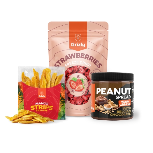 Mango strips + 	 GRIZLY  Cremă de arahide cu ciocolată + Căpșuni xxl