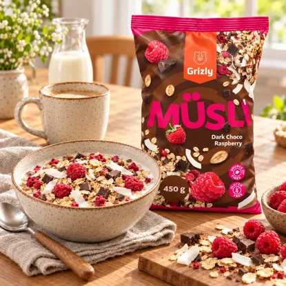 Müsli cu ciocolată amăruie și zmeură