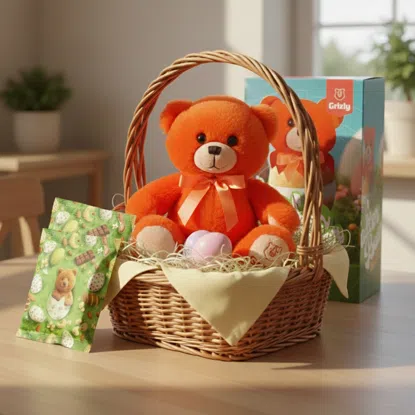 Set de Paște pentru copii cu ursuleț de pluș și o selecție de bunătăți